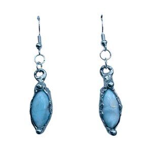 Larimar Dainty Earrings Encased In Boho Artisan Silver Bezels With 925 Hooks
